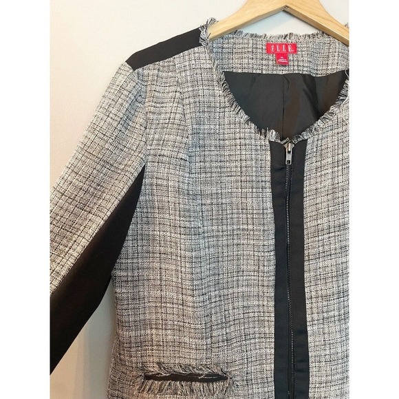 Elle Blazer Jacket Gray Black Fringe Full Zip Color Block Tweed Professory XL - Picture 4 of 6